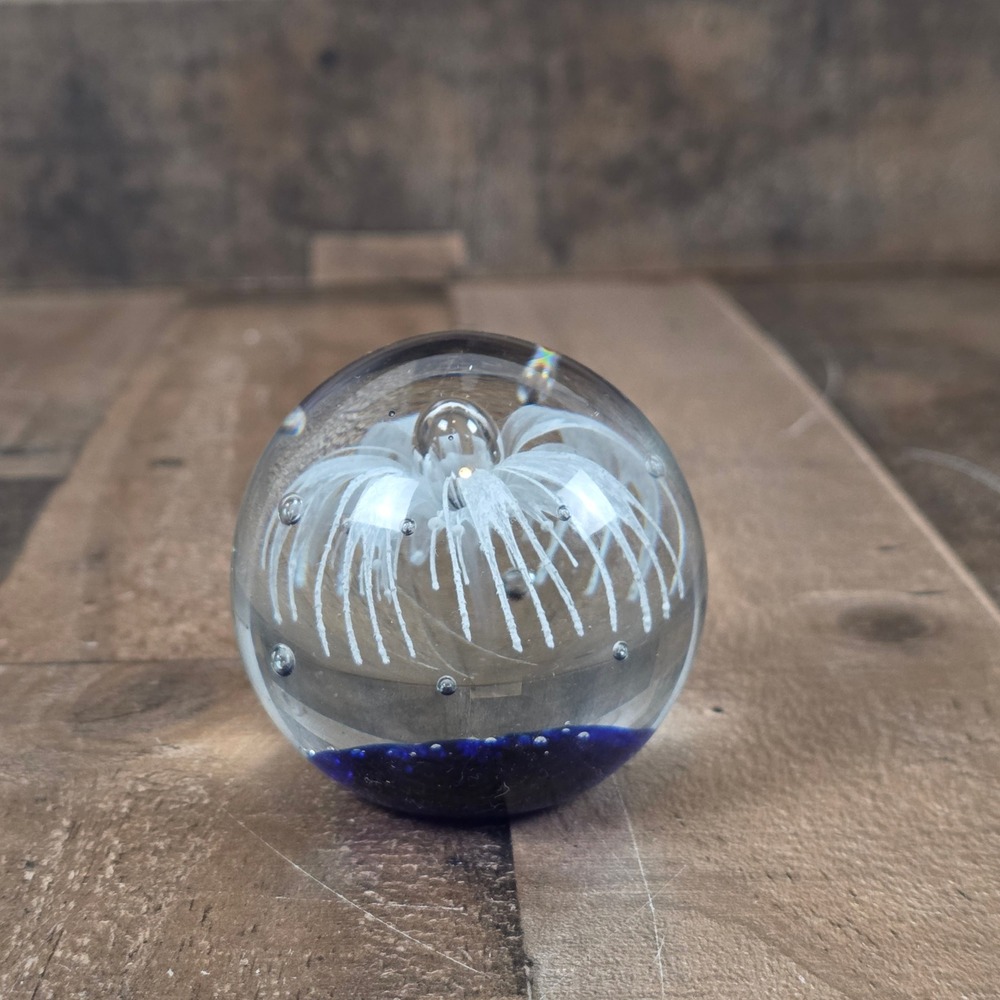 Glass Paperweight White Flower Design Blue‎ Cobalt Blue Base Bubbles Art Decor